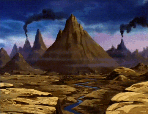 a painting of a desert landscape with mountains and a river