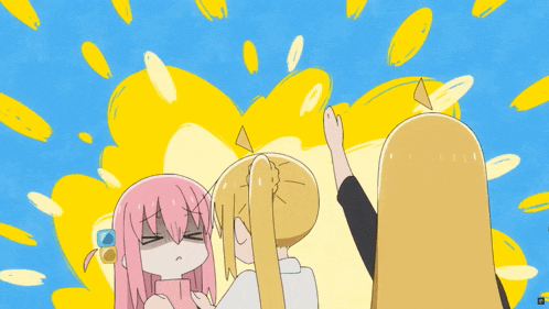 a cartoon of three girls standing in front of a yellow explosion
