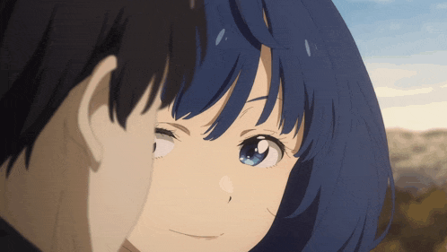 a close up of a girl with blue hair and a boy with black hair