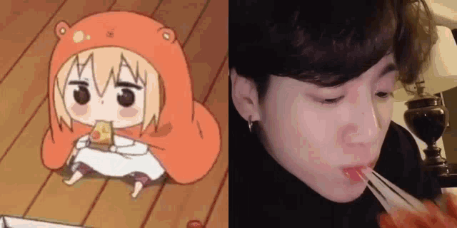 a cartoon character is eating a slice of pizza next to a picture of a person eating a slice of pizza .