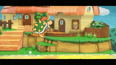 a cartoon of bowser and princess peach standing in front of a house