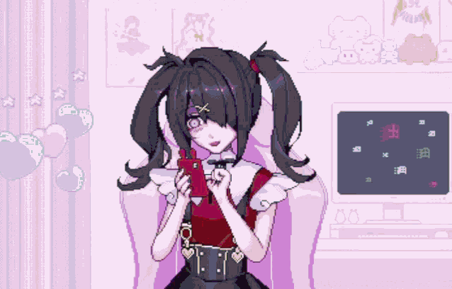 a pixel art of a girl playing a game