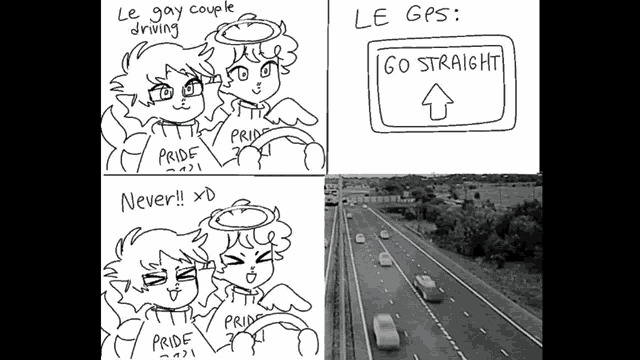 a black and white drawing of a gay couple driving on a highway .