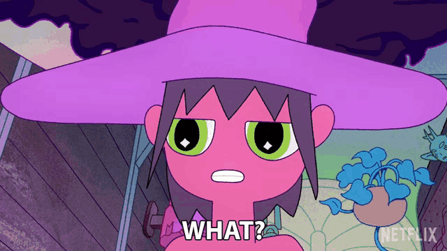 a cartoon character with a purple hat is asking " what "