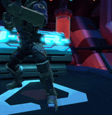 a video game character is standing in front of a u-r-r sign