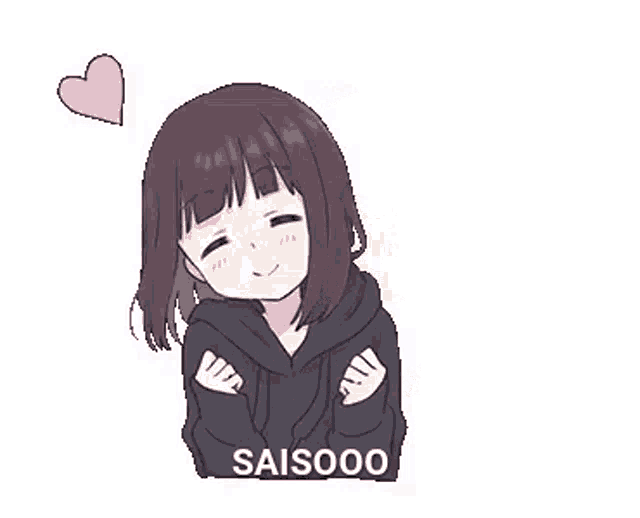 a girl in a hoodie is hugging herself with a heart above her head .