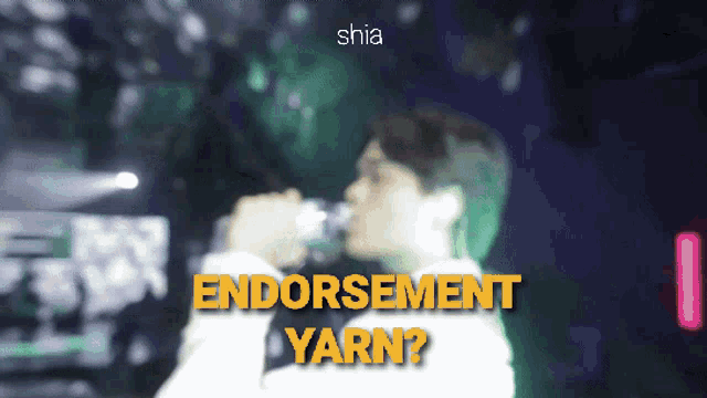 a man singing into a microphone with the words " endorsement yarn " written below him