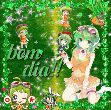 a picture of a girl with green hair and the words bom dia on it