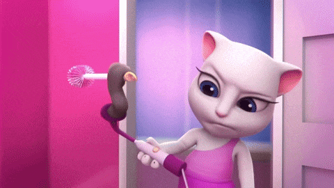 a cartoon cat is holding a toilet brush and a snake .