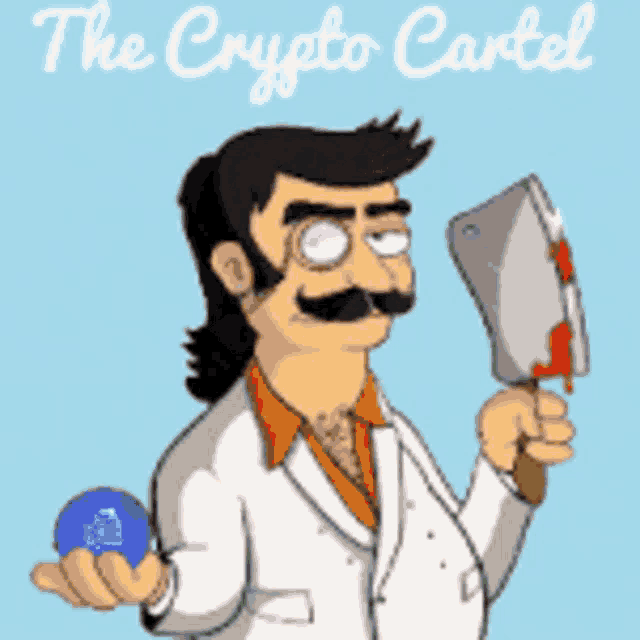 a cartoon of a man holding a bloody knife and a blue ball with the words the crypto cartel below him