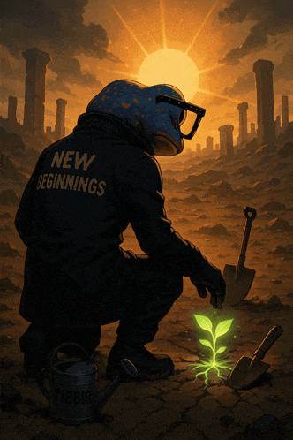 a frog wearing a black jacket that says " new beginnings "