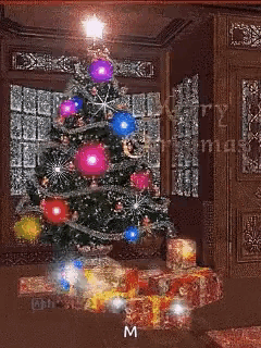 a christmas tree in a living room with gifts underneath it and the words merry christmas