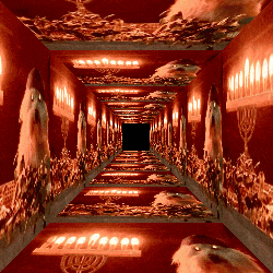 a very long hallway with candles and menorahs