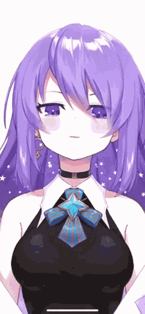 a girl with purple hair is wearing a black top and a blue tie
