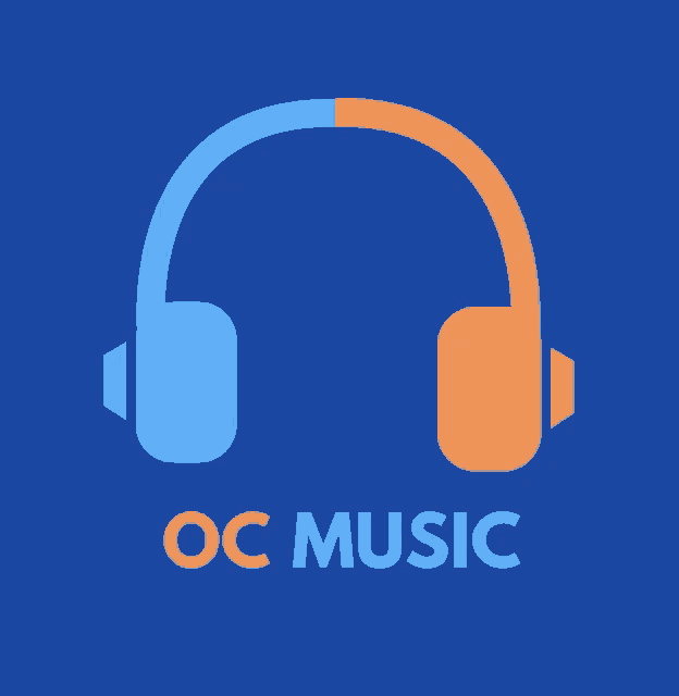 a blue and orange logo for oc music with headphones