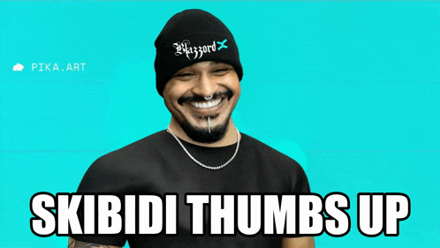 a man wearing a beanie says skibidi thumbs up on a blue background