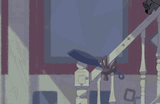 a cartoon drawing of a dog standing on a staircase