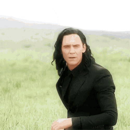 a man in a black suit and tie is standing in a field .