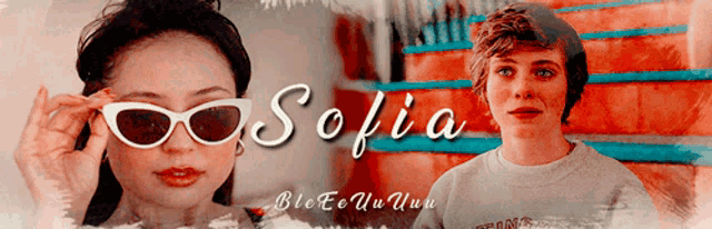 a girl wearing sunglasses is next to a boy wearing a sweatshirt that says sofia