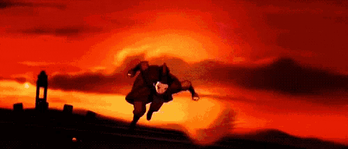 a cartoon character is flying through the air in front of a sunset .