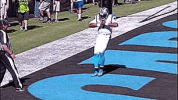 a man in a carolina panthers uniform is running on a football field .