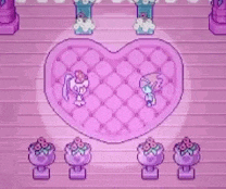 a pixel art of a room with a heart shaped rug and a person standing on it .
