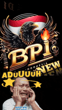 a man crying in front of a bpi indonesia logo