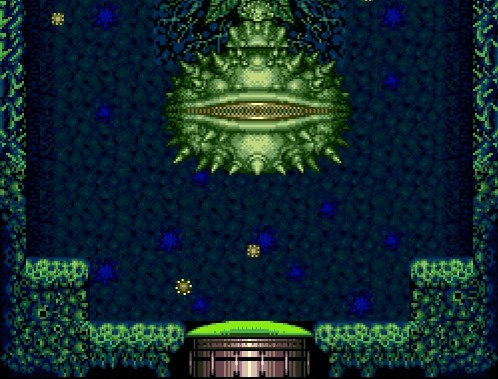 a video game scene with a large green monster in the background