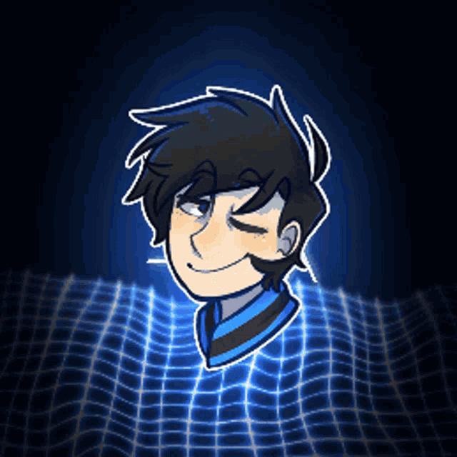 a cartoon drawing of a boy with a blue background