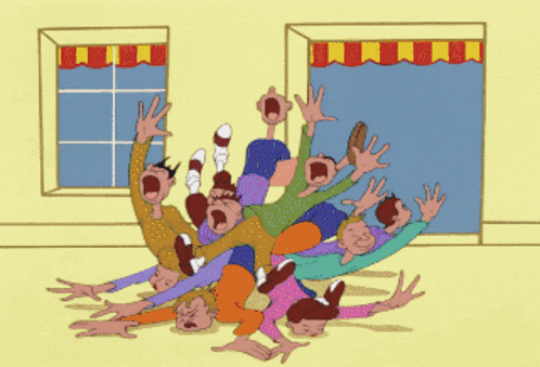 a cartoon drawing of a group of people dancing in a room