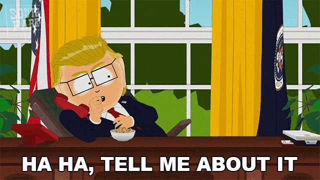a cartoon of donald trump sitting at a desk with a bowl of cereal and the words " ha ha tell me about it "