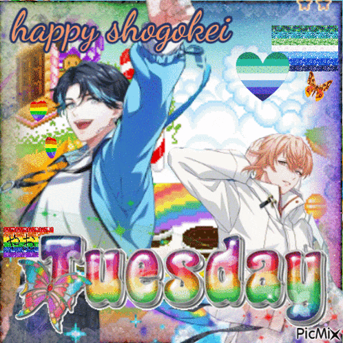 a happy shogokei tuesday card with two anime characters