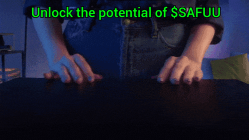 a woman 's hands are folded in front of a screen that says unlock the potential of $ safiuu