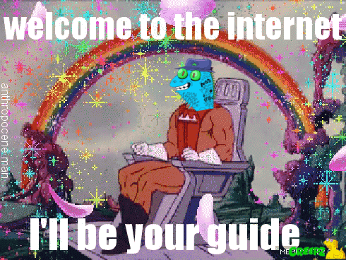 a cartoon character is sitting in front of a rainbow and says welcome to the internet