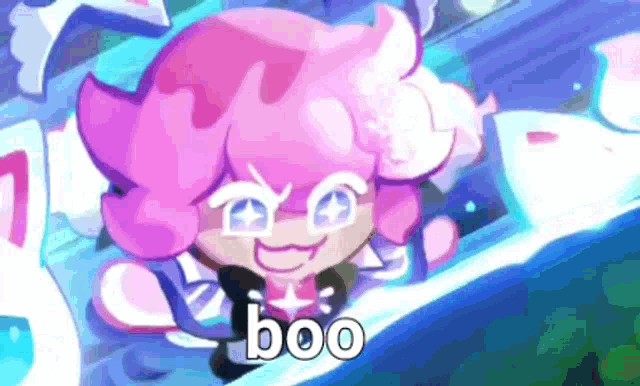 a cookie run character with pink hair and blue eyes is sitting on a bed .