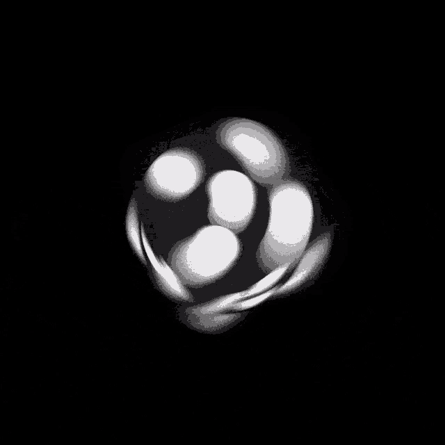 a black and white photo of a sphere with a few white dots in it