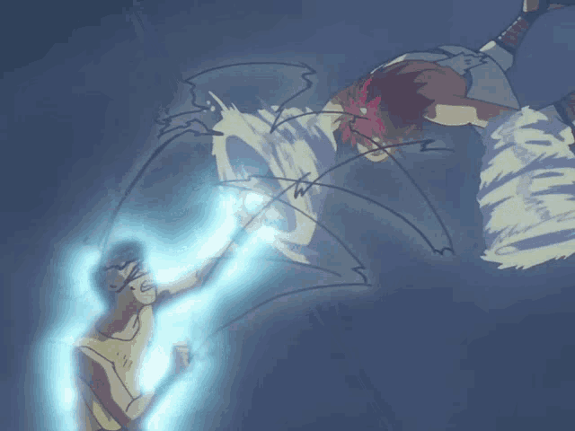 a drawing of a man with red hair and a blue light