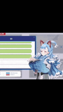 a girl with blue hair and red ears is sitting in front of a computer screen .