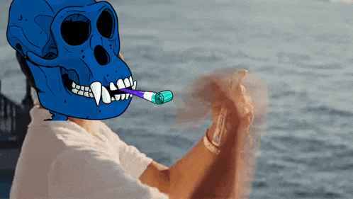 a cartoon of a man with a blue skull on his head