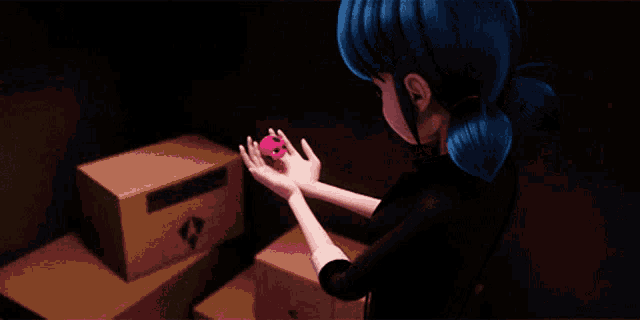 a cartoon character with blue hair is holding a pink object in her hands