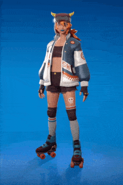 a woman wearing roller skates and a jacket that says ru on it