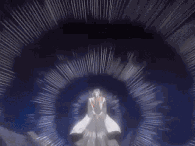 a man in a white robe is standing in a dark room in front of a sphere .