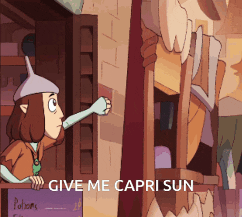 a cartoon of a girl holding a sign that says " give me capri sun "