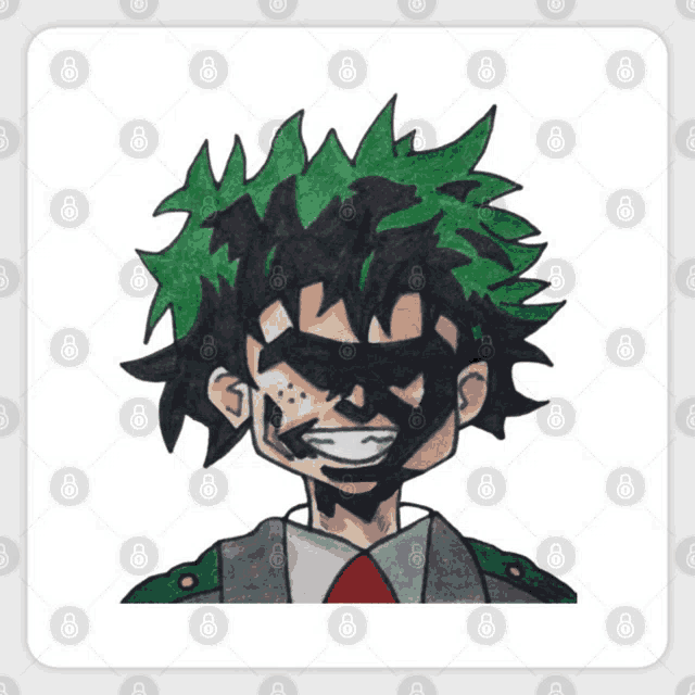 a drawing of a boy with green hair and a black mask on his face