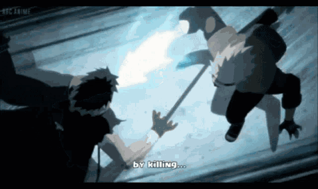 a man is holding a stick in front of another man with the words by killing visible