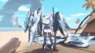 a girl is standing on a beach next to a giant robot .