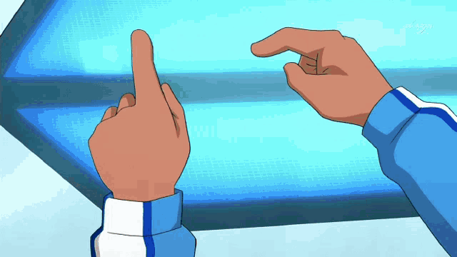 a person in a blue shirt is pointing at something with their fingers