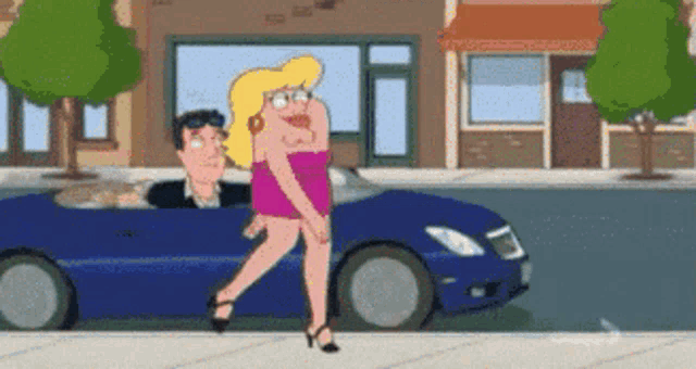 a cartoon of a man and a woman in a blue car