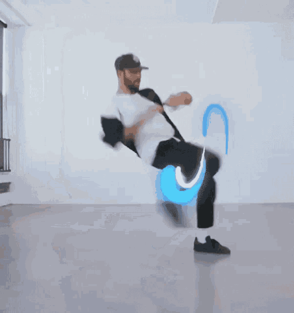 a man in a white shirt is jumping in the air