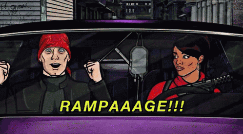 a cartoon of a man and a woman in a car with rampaaage written on it